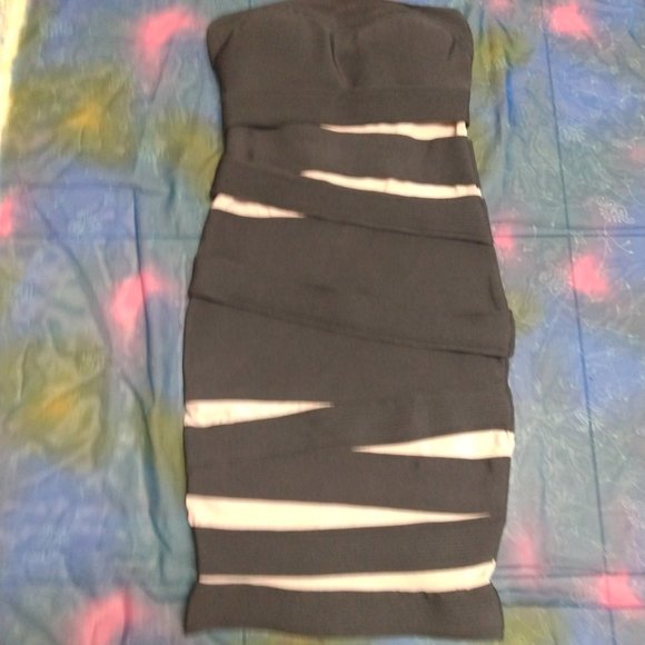 ❤️CELINE PARIS Runway Black / Tan Bandage Bodycon Strapless Wiggle Dress Small - Picture 2 of 10
